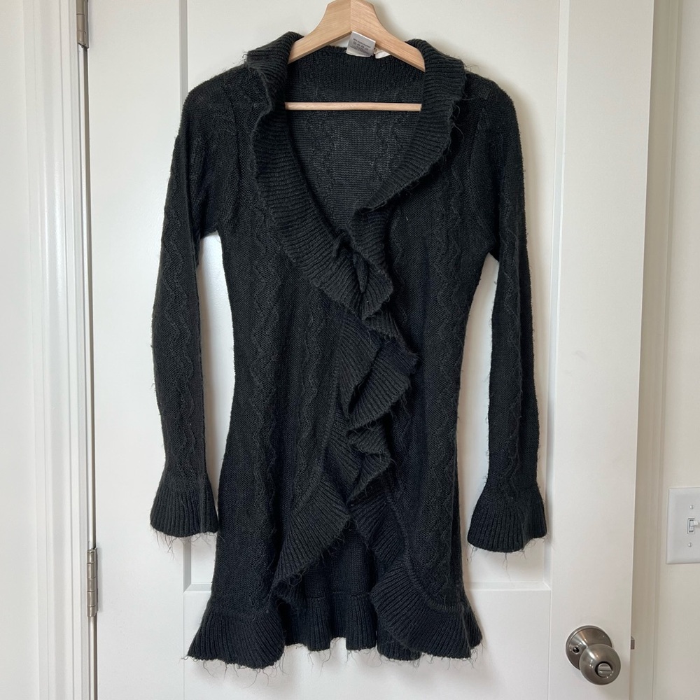 BD Brand Y2K Dark Gray Whimsy Goth Ruffle Cable Knit Cardigan Sweater 🐦‍⬛🔮